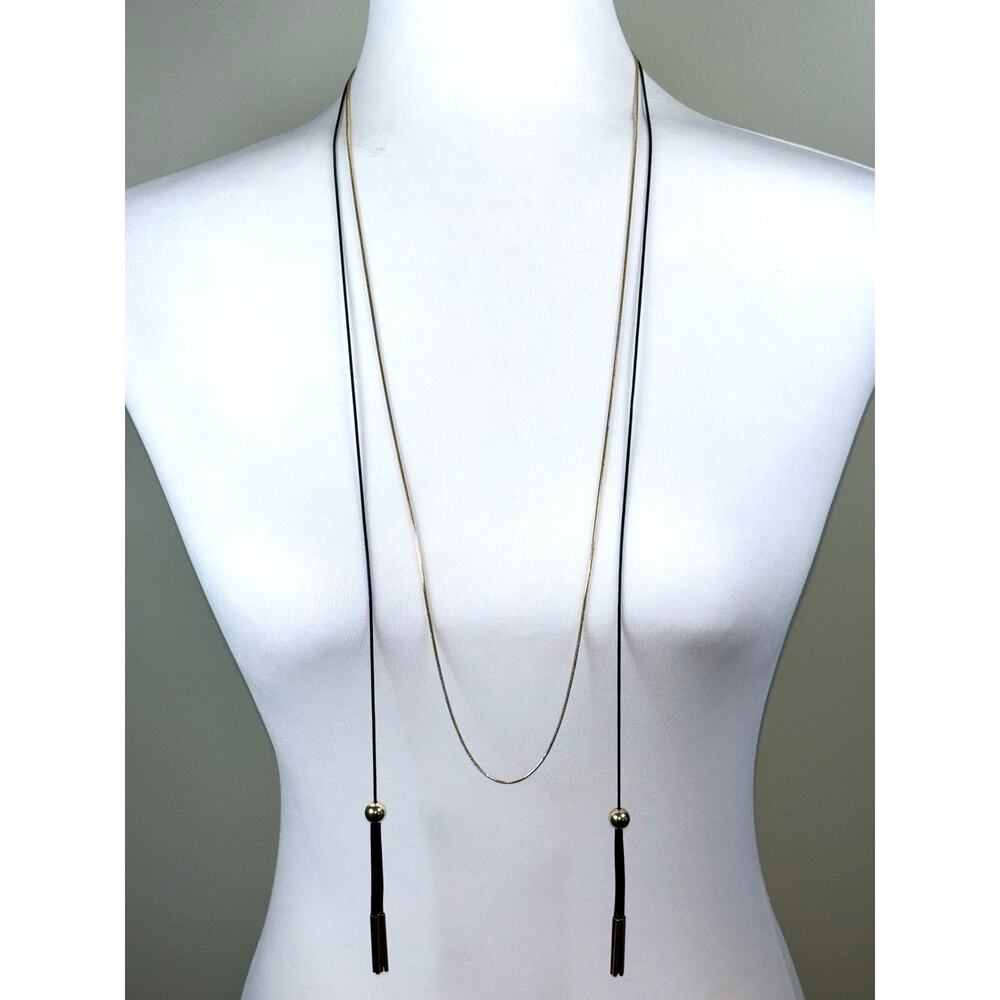 Charming Charlie Gold and Black Snake Chain Double Tassel Necklace EUC